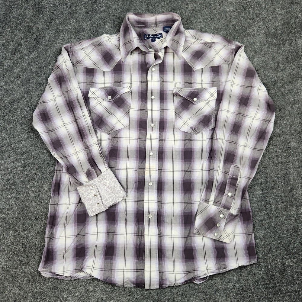 Roper‎ Shirt Mens Large Purple Gray Plaid Western Pearl Snap Long Sleeve Cowboy
